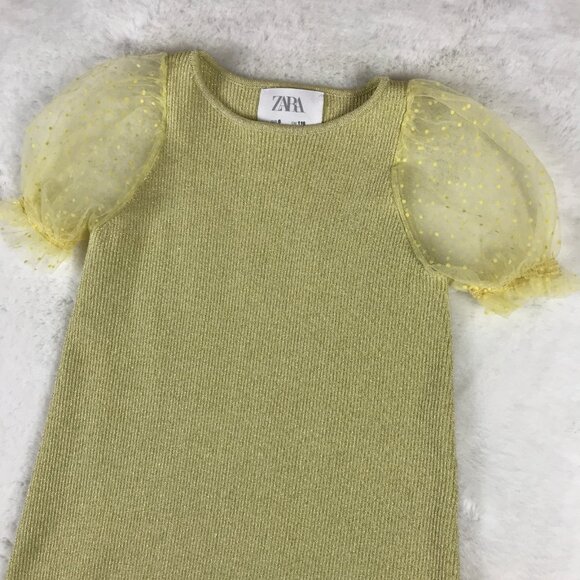 Kids Girls ZARA Golden Lime Metallic Puff Sleeve Mini Dress Size 6 - Picture 3 of 6